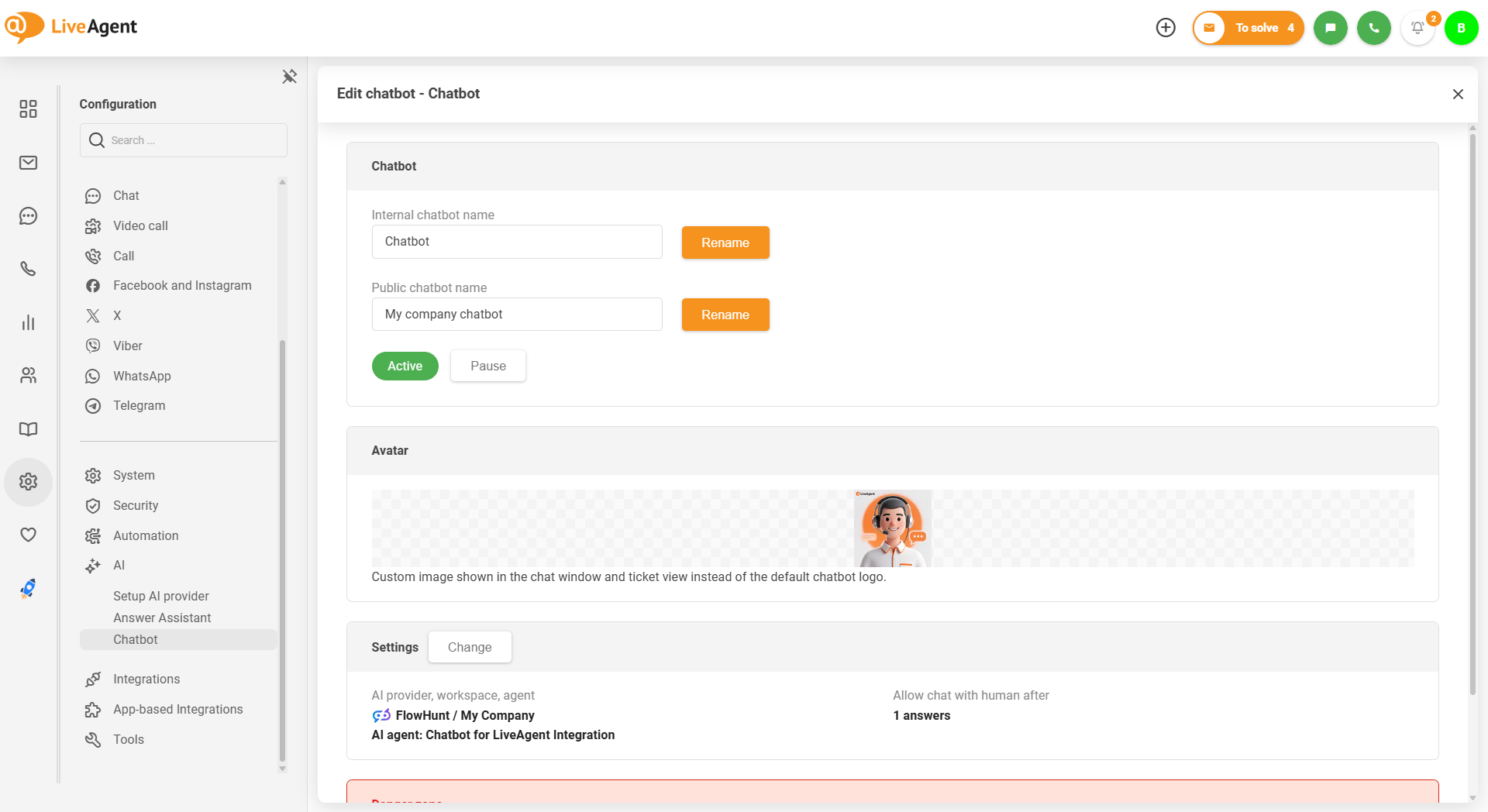 Chatbot AI LiveAgent cu încărcare imagine avatar personalizată