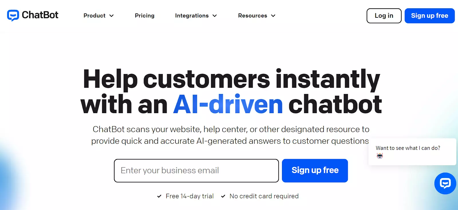 Captură de ecran a paginii de start ChatBot - furnizează răspunsuri generate de AI cu chatbot-ul lor puternic