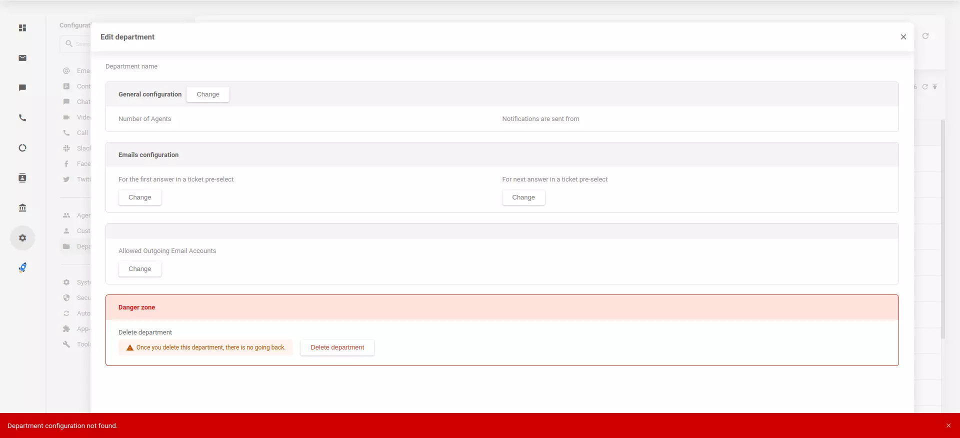 Configurațiile departamentelor migrate nu au fost găsite în aplicația LiveAgent