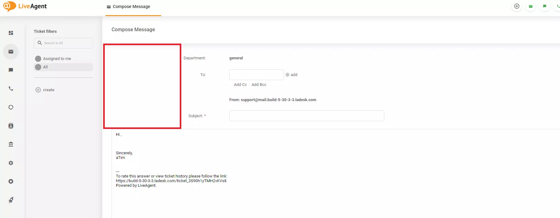 O imagine care arată o problemă de design pe ecranul Compune mesaj în LiveAgent