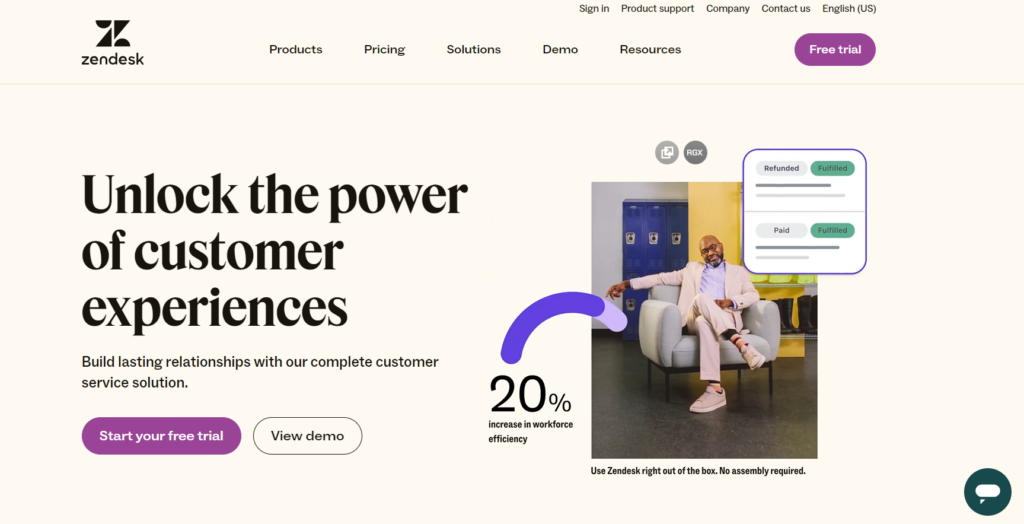 Pagina de start Zendesk Suite - software live chat ecommerce axat pe relații