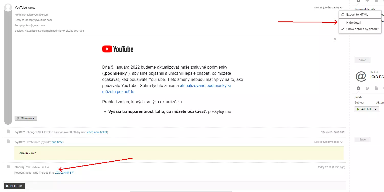 O imagine care arată o eroare de sursă de e-mail după fuzionarea a două tichet, o problemă prezentă în versiunile anterioare ale LiveAgent