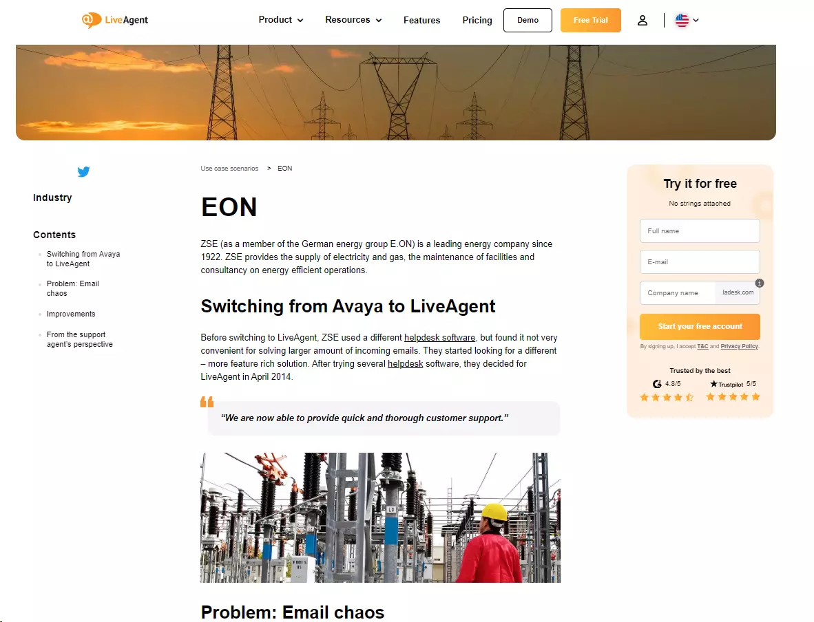 EON - o companie de electricitate folosind LiveAgent pentru a gestiona volume mari de cereri de clienți provenind dintr-un singur canal