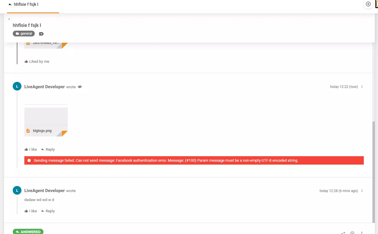 Mesaj de eroare afișat la postarea imaginii pe Facebook prin LiveAgent