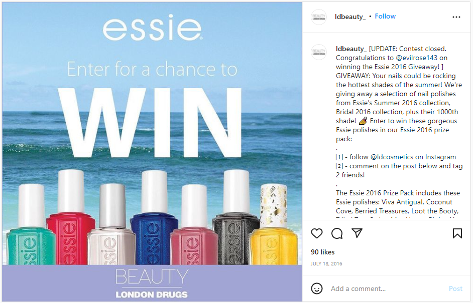 Concursul de giveaway pe rețelele sociale al brandului Essie care cere urmăritorilor să eticheteze prieteni