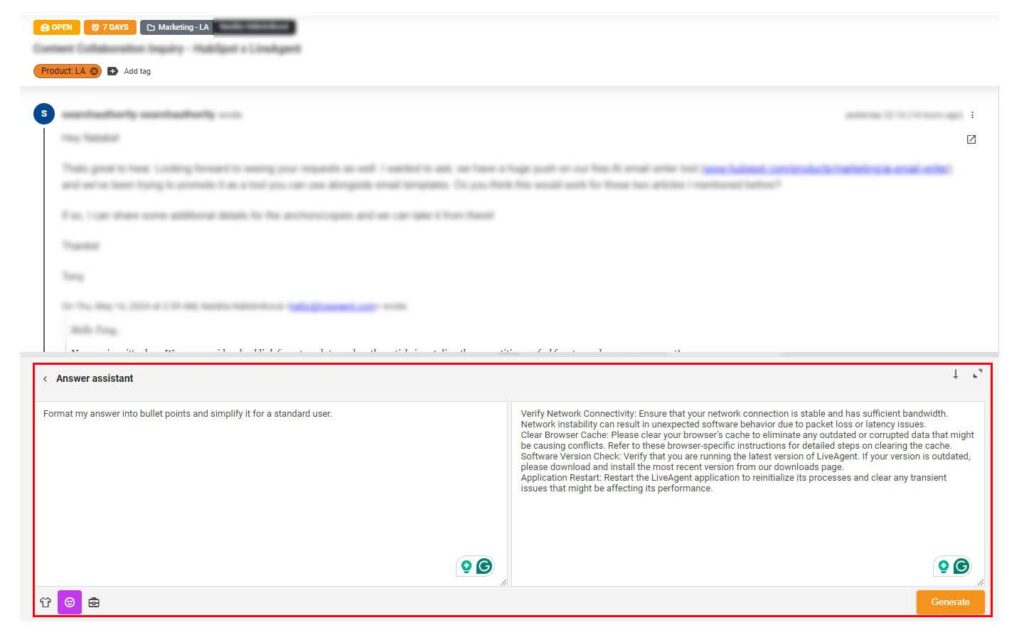 Imagine care afișează opțiunea asistentului de răspunsuri personalizate cu o solicitare și mesaj pentru a demonstra acest asistent