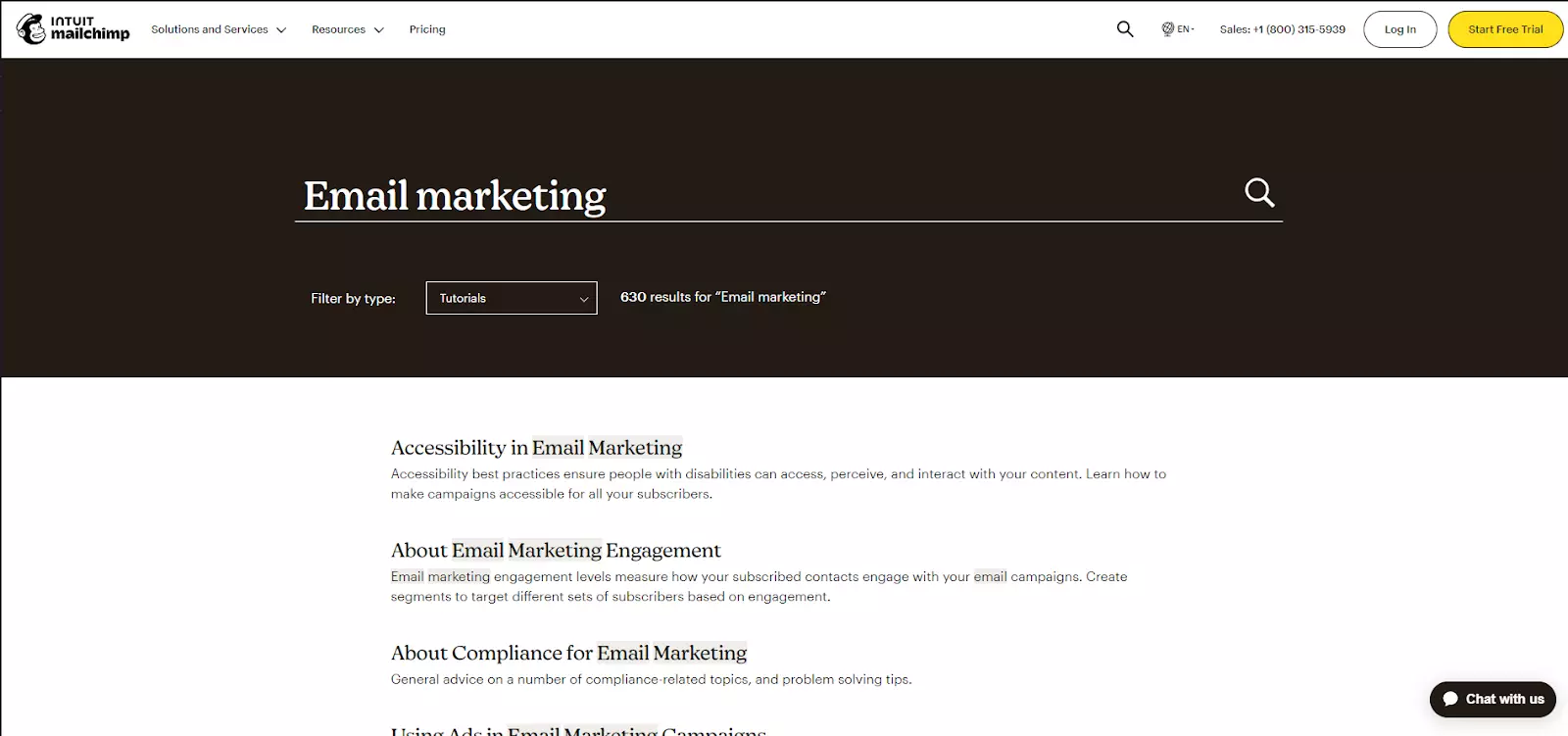 Exemplu de funcție de căutare în baza de cunoștințe MailChimp