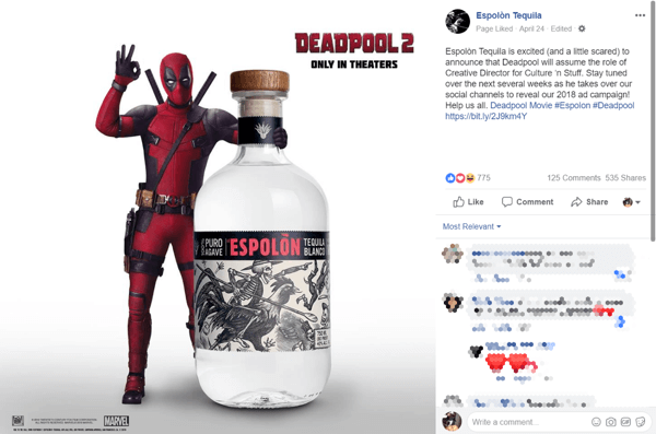 Anunțul de parteneriat al brandului de tequila cu filmul Deadpool 2 pe Facebook