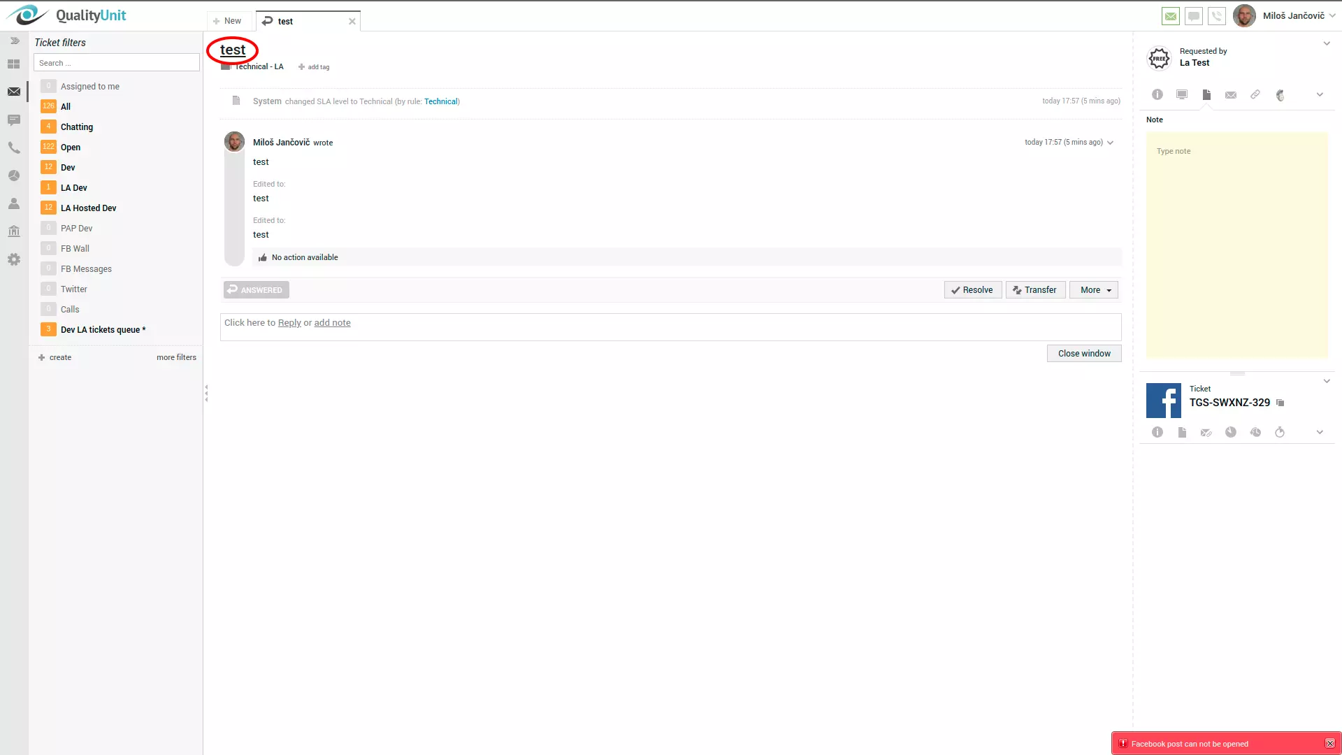 Eroare postare Facebook în colțul din dreapta al interfeței utilizatorului LiveAgent