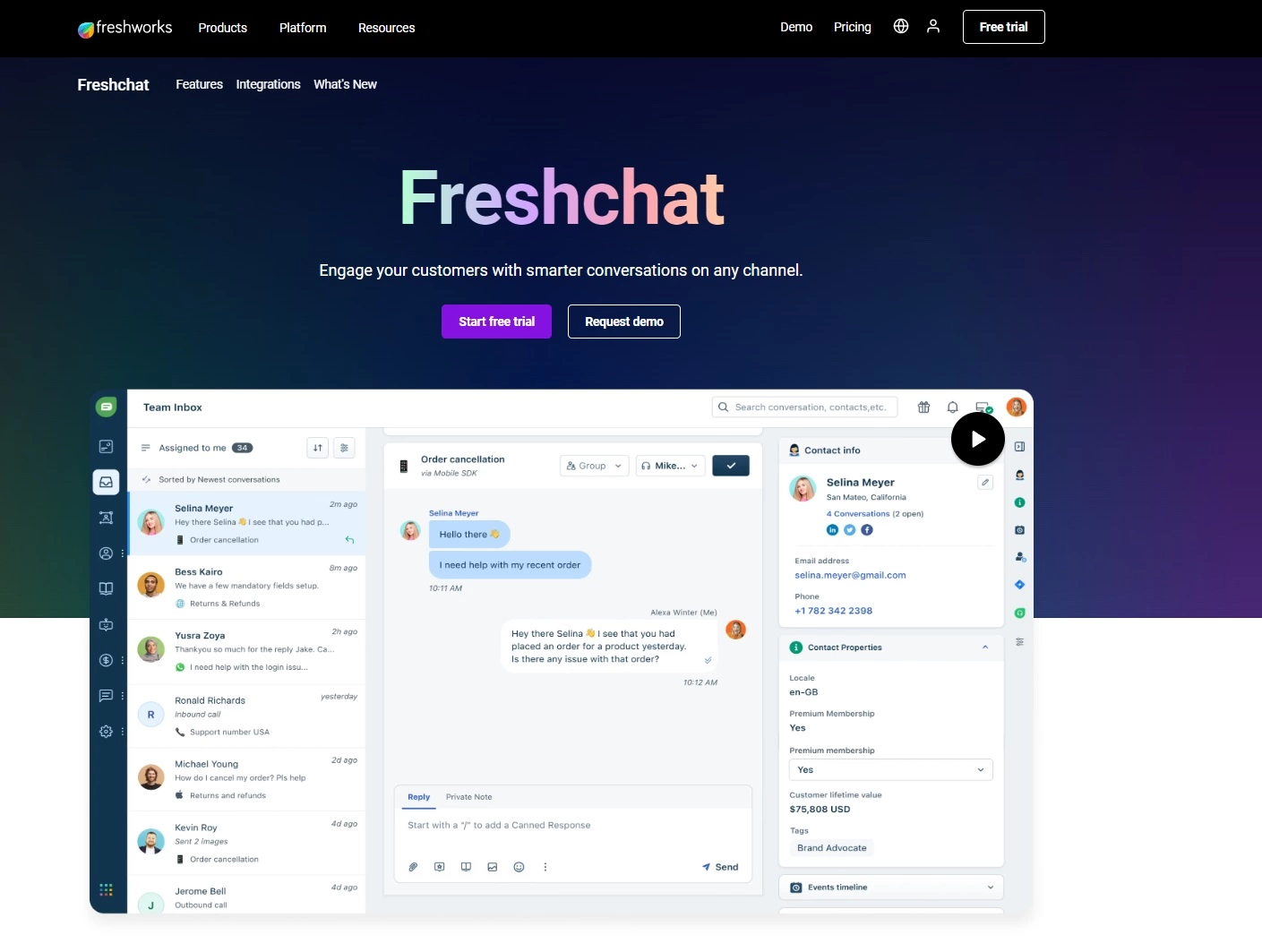 Captură de ecran a paginii de start Freshdesk - instrumentul de chat live pentru conversații mai inteligente și mai rapide
