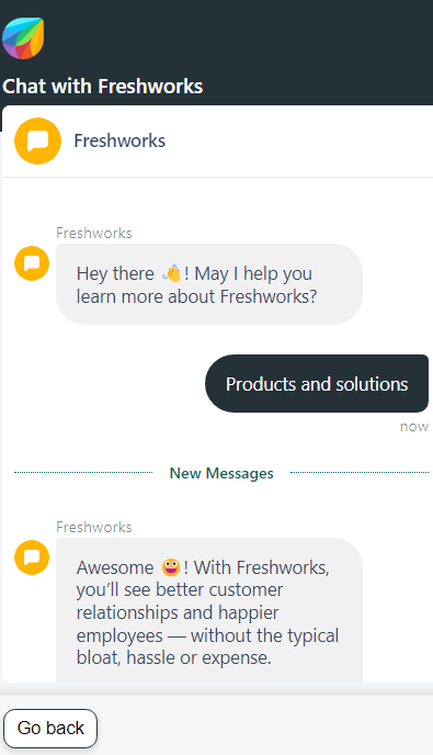 Imaginea arată o conversație între un client și chatbot în Freshdesk