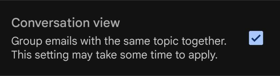 O casetă de selectare pentru activarea și dezactivarea vizualizării conversației în aplicația Gmail