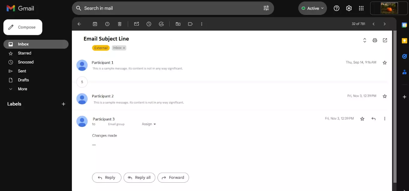 Un exemplu de fir de e-mail între mai mulți participanți pe o perioadă de timp