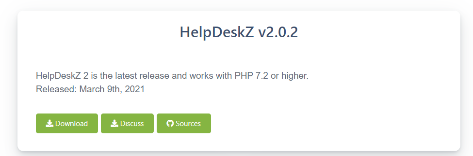 Un exemplu de pagină de descărcare a unui sistem de ticketing open source cu butonul de descărcare, discuție și surse