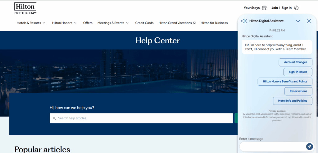 Asistent digital Hilton pe pagina Hilton