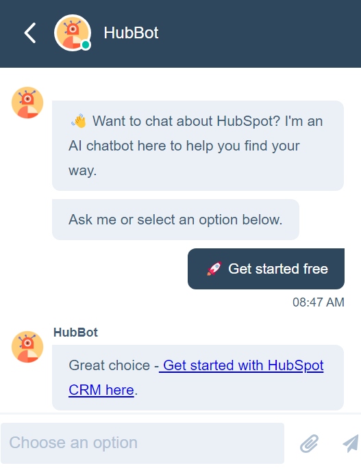 Imaginea arată cum arată o conversație de chat live prin HubSpot