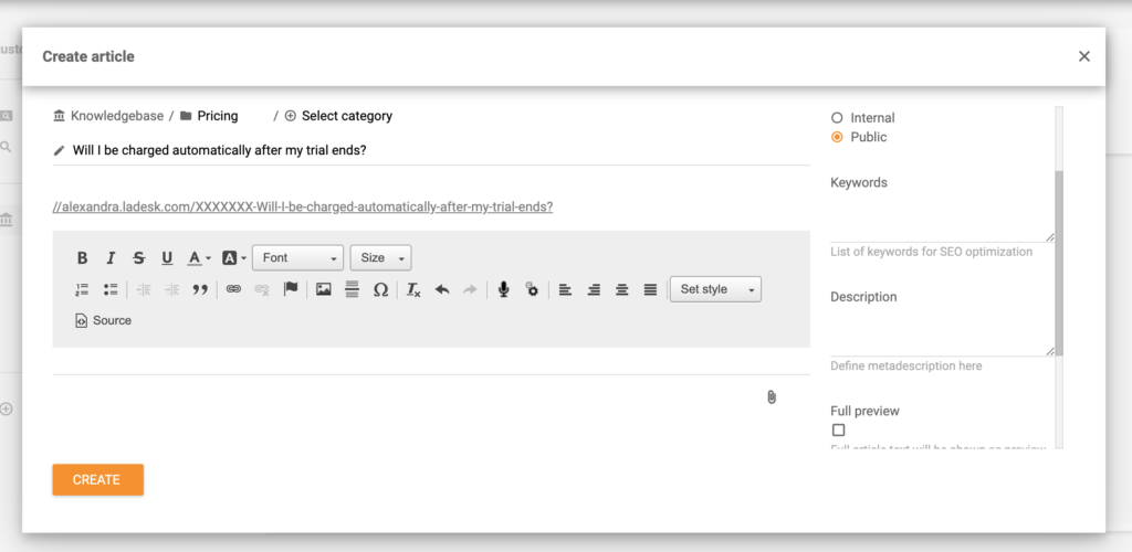 Crearea unui articol de bază de cunoștințe în LiveAgent