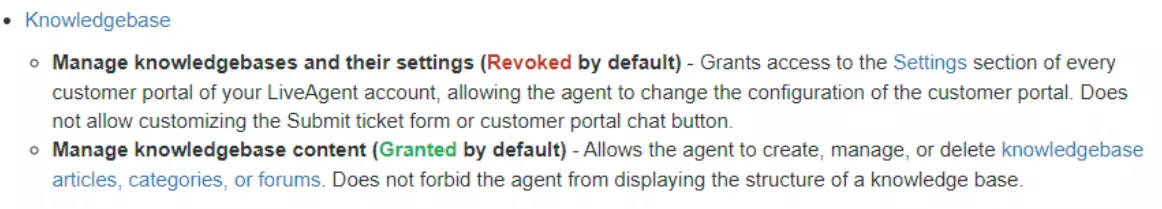 Imagine ce prezintă exemple de permisiuni diferite pentru utilizatori privind baza de cunoștințe