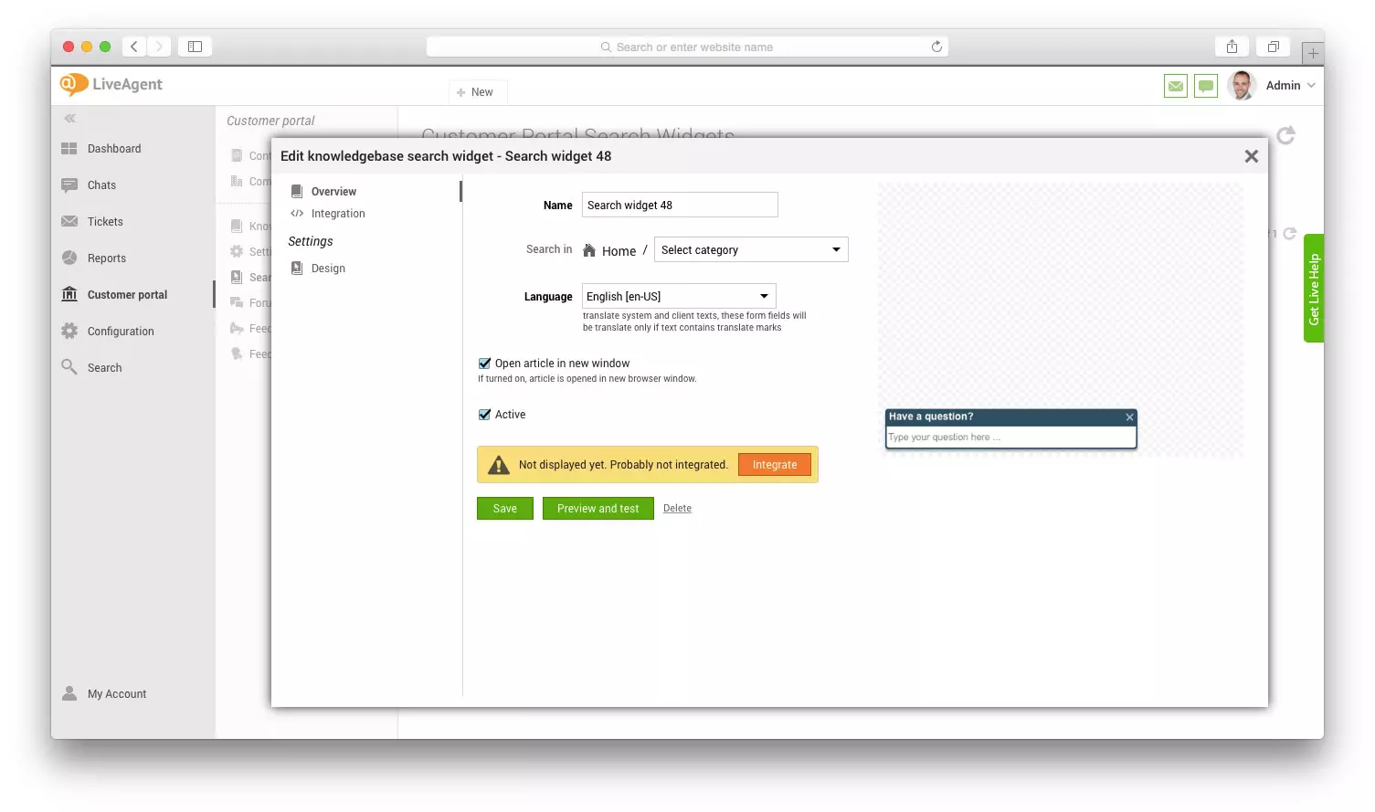 Editare widget de căutare în baza de cunoștințe în LiveAgent