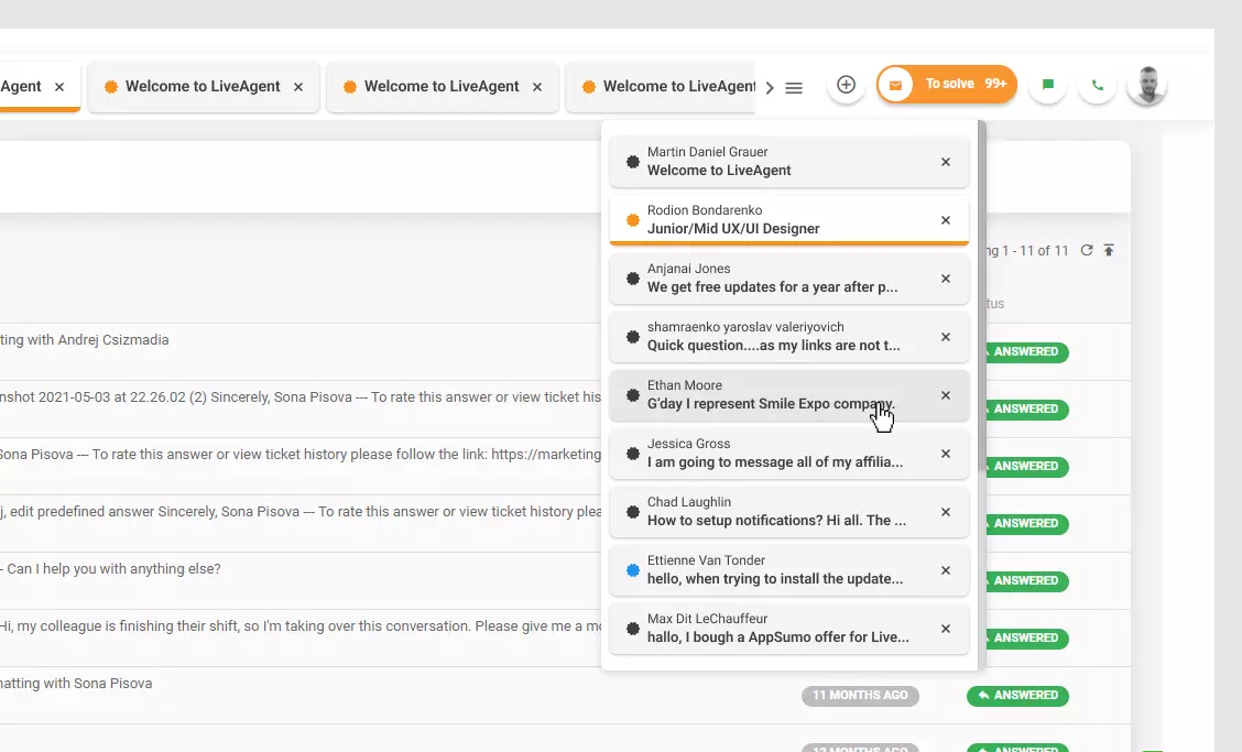 LiveAgent - Lista tichetelor deschise