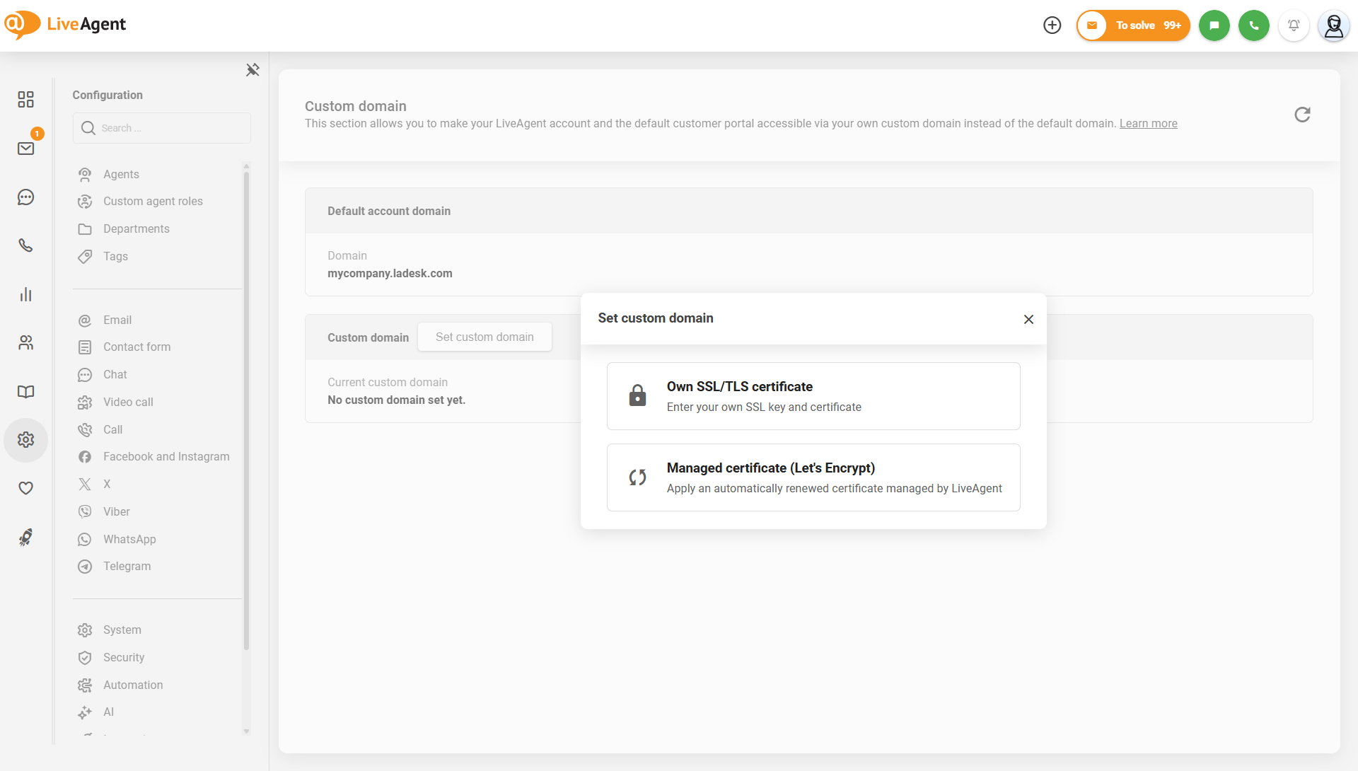 Setări domeniu personalizat LiveAgent cu opțiunea de certificat gestionat Let's Encrypt