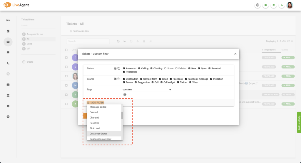 Filtru client LiveAgent