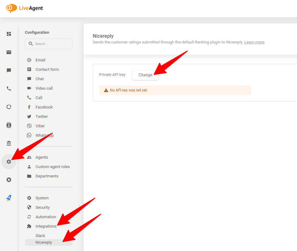 Imaginea arată unde să plasezi cheia API generată în contul tău LiveAgent