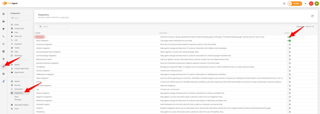 Procesul de activare a integrării cu Nicereply în setările LiveAgent