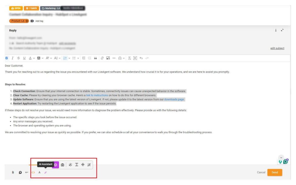 Asistentul de răspunsuri AI al LiveAgent