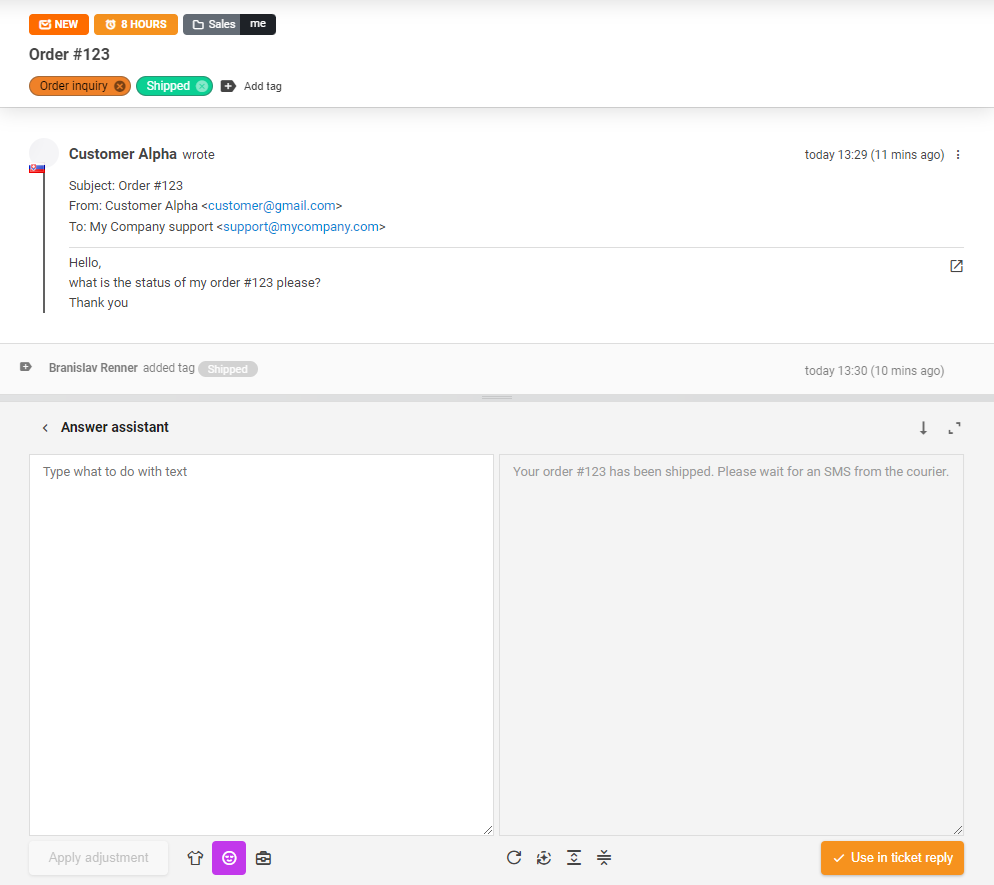 Instrument AI Answer Assistant în utilizare pentru un răspuns la bilet