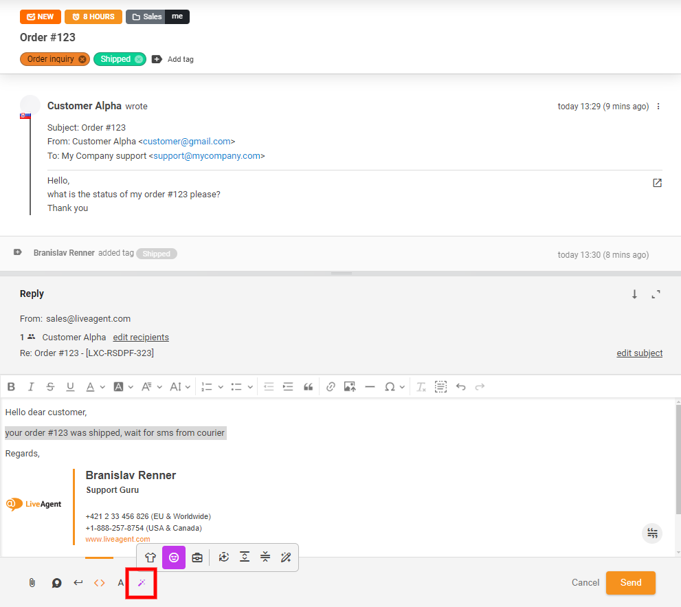 Captură de ecran a butonului AI Answer Assistant în vizualizarea chat