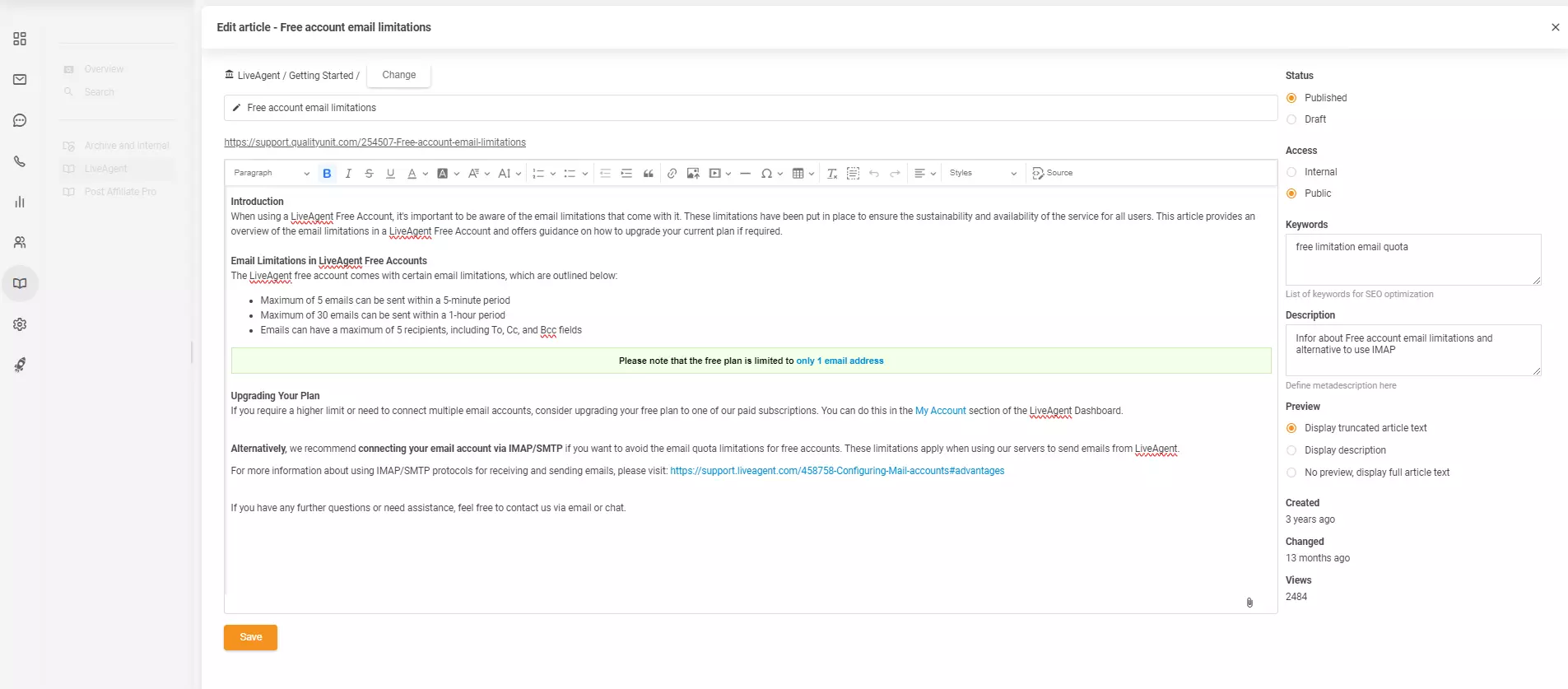 Editor de articole în LiveAgent