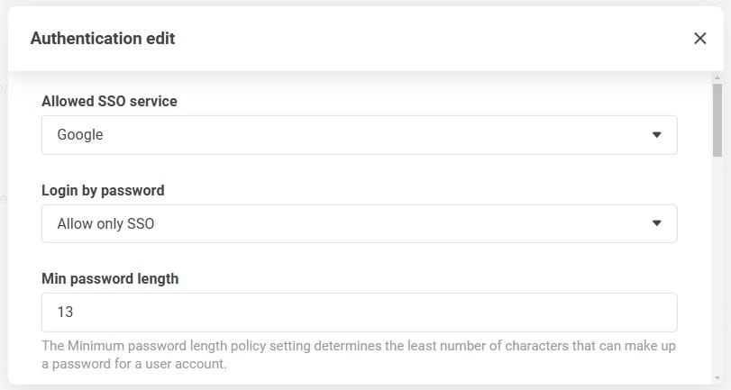 Ecran de setări de autentificare care arată opțiunea de a permite doar SSO în secțiunea de conectare cu parolă