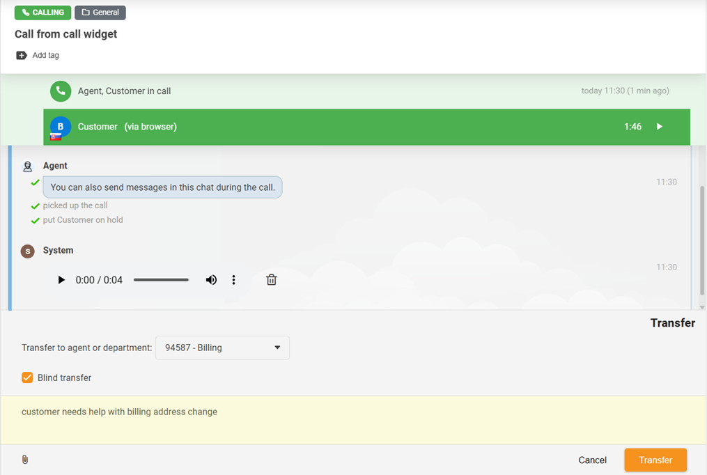 Funcția de transfer de apeluri cu adăugarea unei funcții de transfer blind