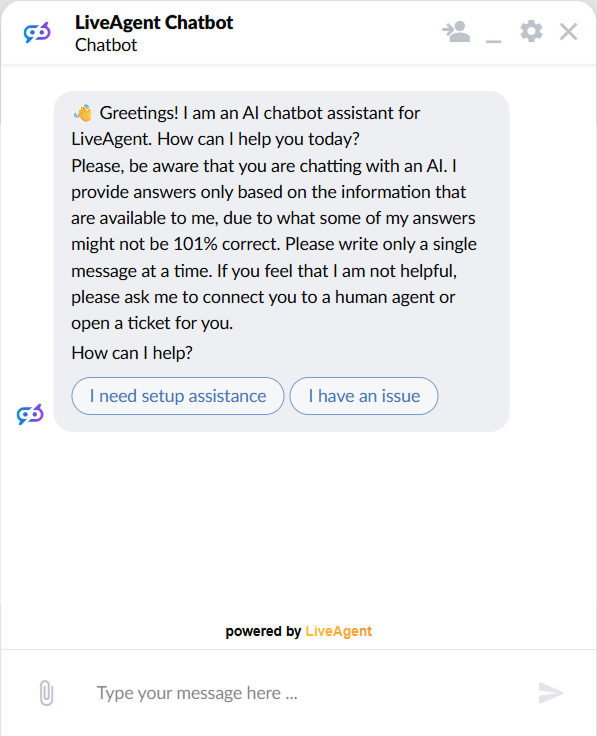 Fereastra de chat LiveAgent care arată un salut al chatbot-ului AI cu două butoane de răspuns apăsabile pentru ajutor la configurare și raportarea unei probleme