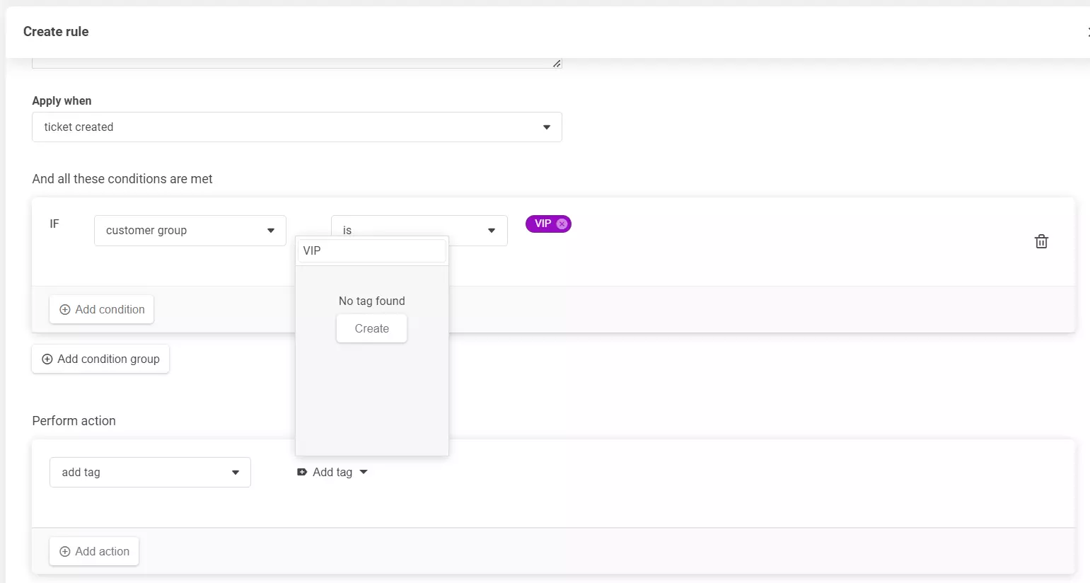 O captură de ecran a secțiunii de creare a regulii, arătând cum să adaugi o etichetă nouă.