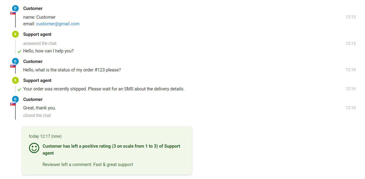 Imaginea arată interacțiunea dintre un client și un agent de suport, unde agentul poate vedea evaluarea la sfârșitul mesajului