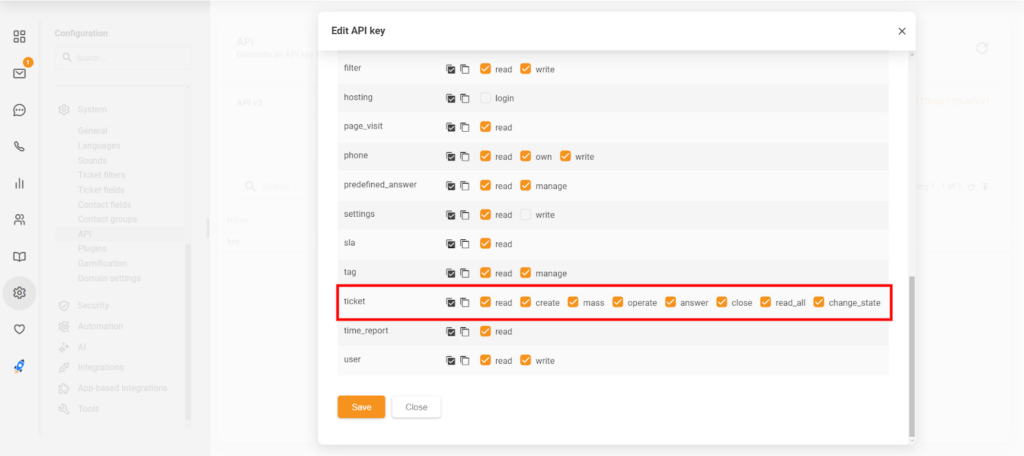 Secțiunea Edit API key în LiveAgent arătând noile permisiuni 'close' și 'change_state'