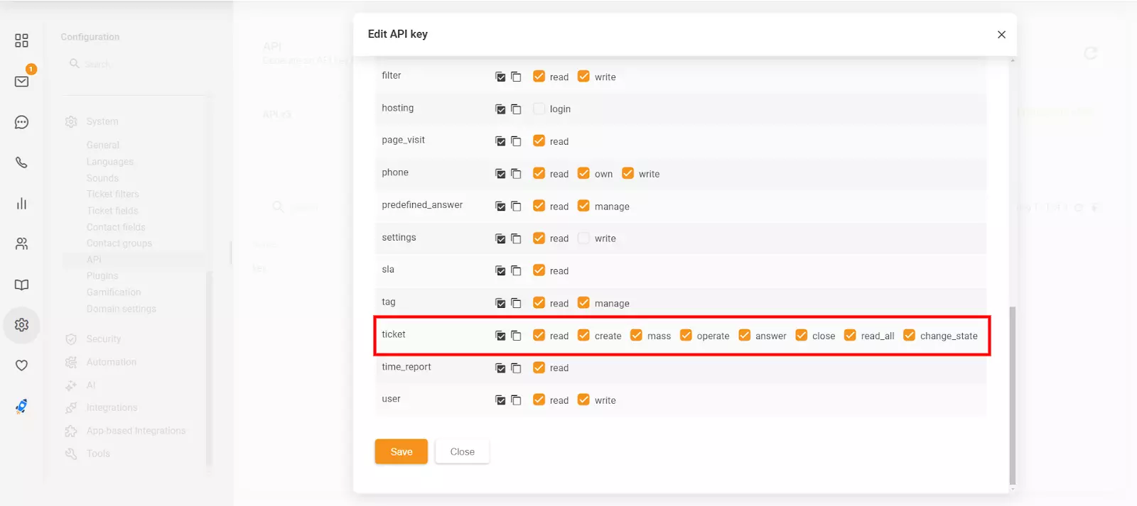 Secțiunea Edit API key în LiveAgent care arată noile permisiuni 'close' și 'change_state'