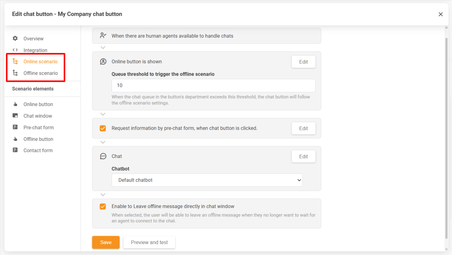 Fereastra de configurare a butonului de chat LiveAgent care arată scenarii online și offline