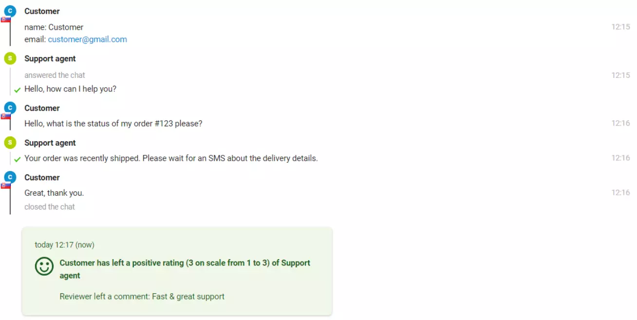 O imagine a unui chat cu un client care a lăsat o evaluare pozitivă.