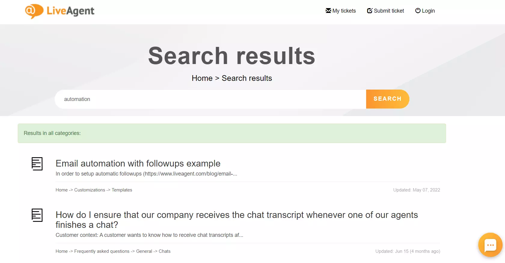 Caracteristica de căutare a bazei de cunoștințe LiveAgent