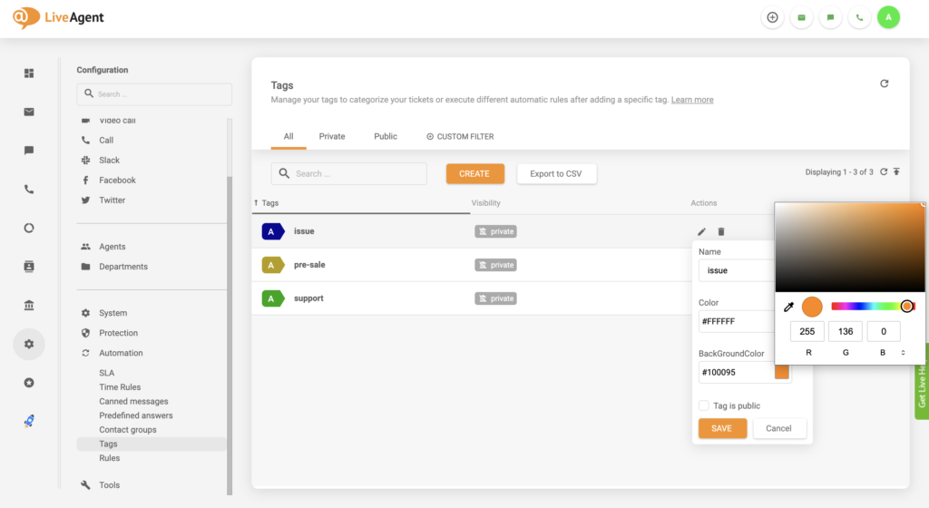 Actualizare setare schimbare culoare etichete în LiveAgent