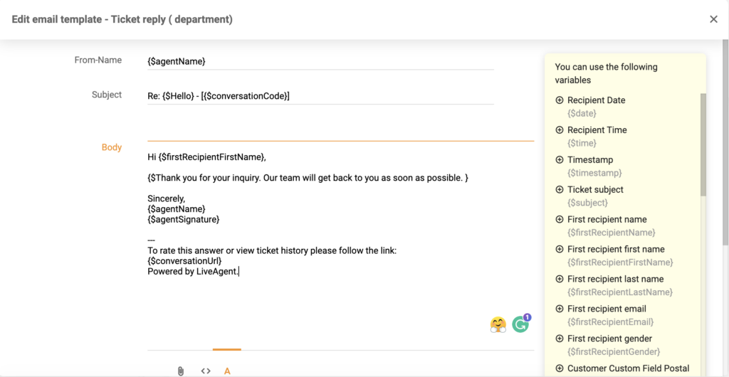 Noul editor de șabloane în LiveAgent 5.26