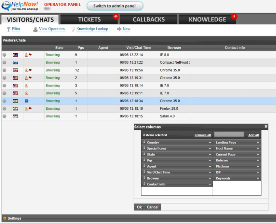 Tabloul de bord de chat LiveHelpNow