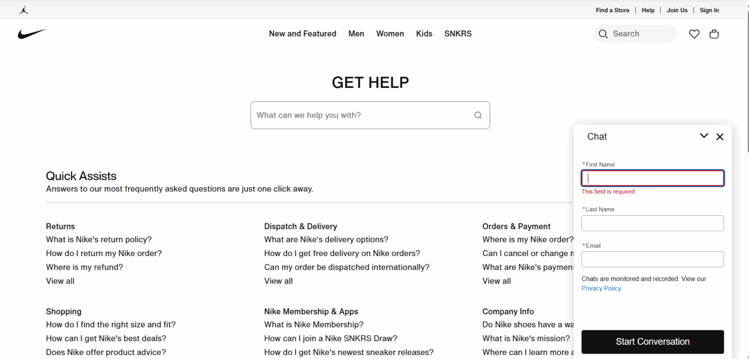 AI Chatbot pe site-ul Nike