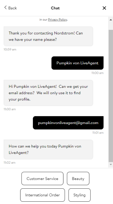 Caracteristica chatbot Nordstrom