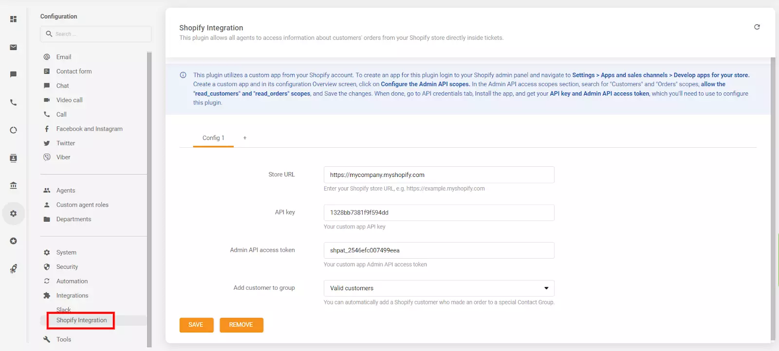 Plasarea cheii API și token-ului de acces API în secțiunea de configurare LiveAgent