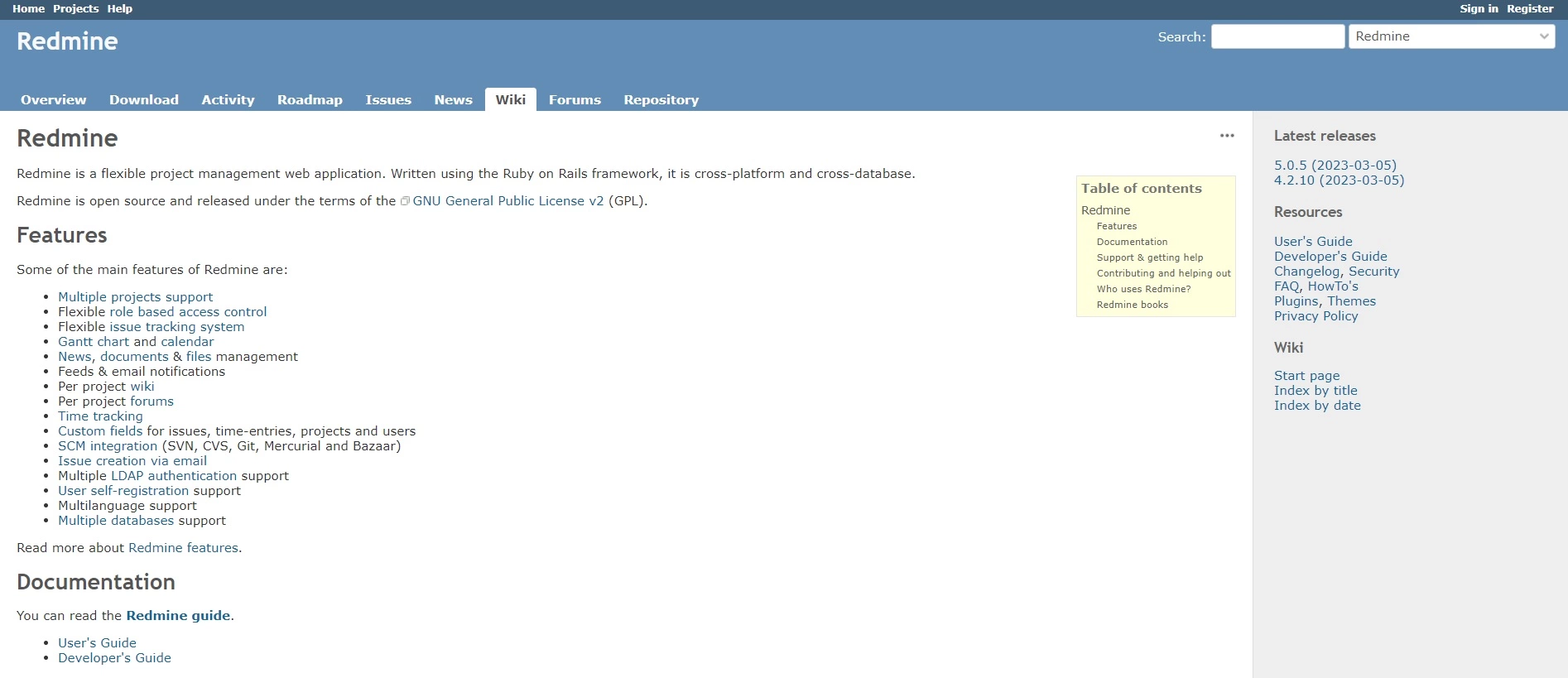 Pagina de start a Redmine - o platformă open-source care vă poate ajuta să automatizați procesele și să asistați la planificarea sarcinilor pentru a îmbunătăți eficiența în compania dumneavoastră.