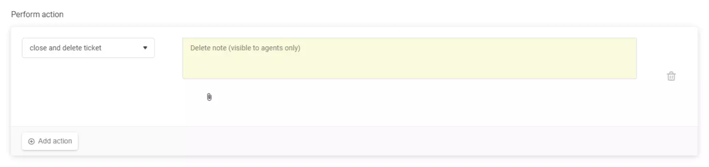 Configurare regulă automată arătând acțiunea 'închidere și ștergere tichet' în LiveAgent